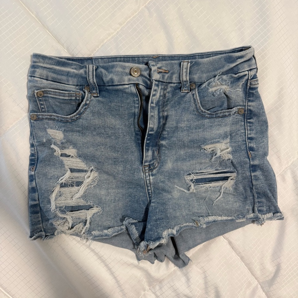 American Eagle Curvy Light Blue Distressed Jean Shorts